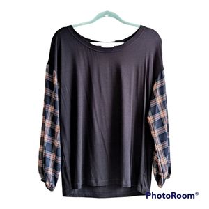 Black Blouse Layered Plaid Long Sleeves